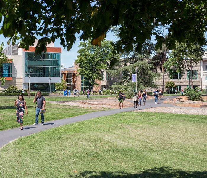 Student center, students walking on campus