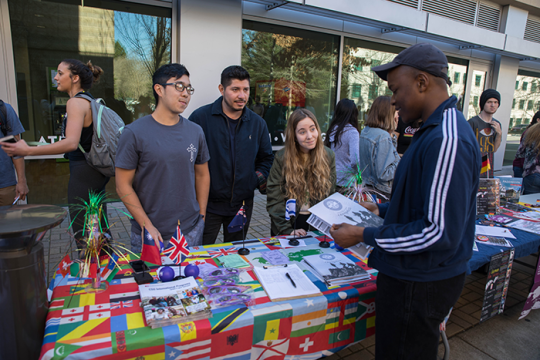 students standing at table covered with international flags